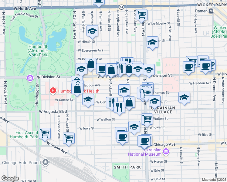 map of restaurants, bars, coffee shops, grocery stores, and more near 2551 West Thomas Street in Chicago