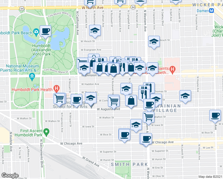 map of restaurants, bars, coffee shops, grocery stores, and more near 2551 West Thomas Street in Chicago
