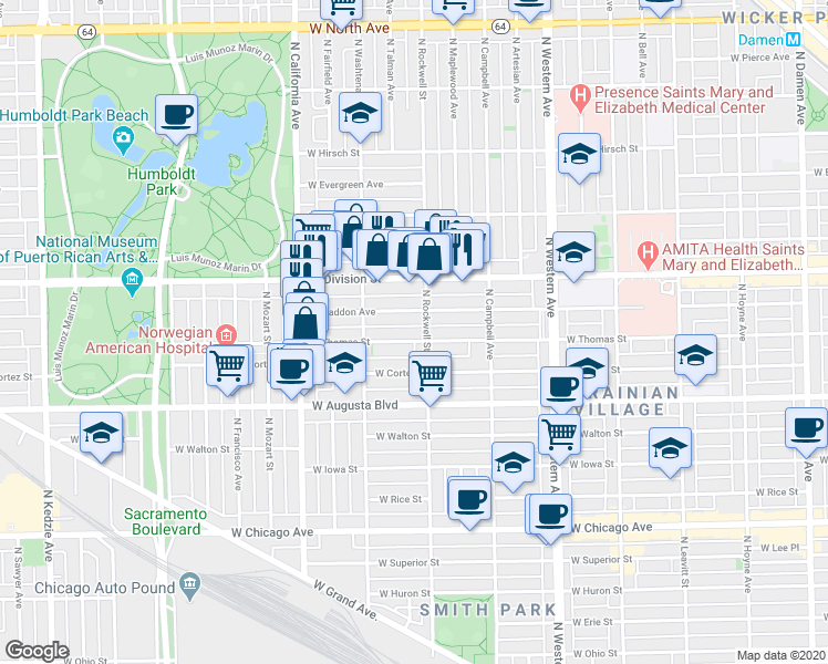 map of restaurants, bars, coffee shops, grocery stores, and more near 2625 West Thomas Street in Chicago