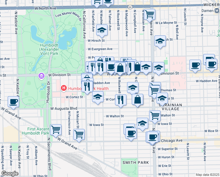 map of restaurants, bars, coffee shops, grocery stores, and more near 2625 West Thomas Street in Chicago