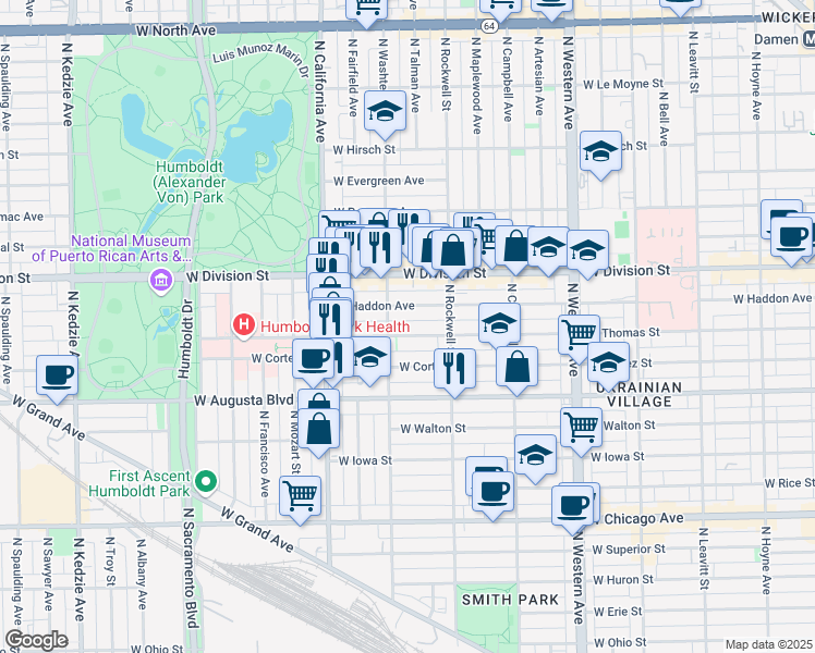 map of restaurants, bars, coffee shops, grocery stores, and more near 2625 West Thomas Street in Chicago