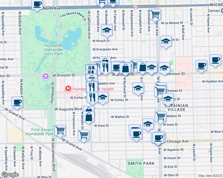 map of restaurants, bars, coffee shops, grocery stores, and more near 2701 West Thomas Street in Chicago