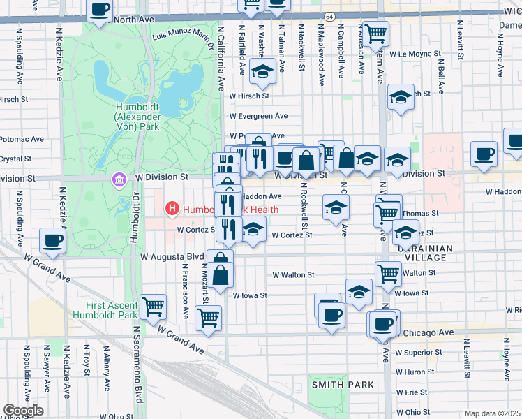 map of restaurants, bars, coffee shops, grocery stores, and more near 2701 West Thomas Street in Chicago