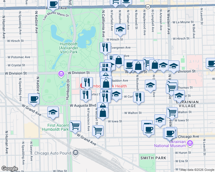 map of restaurants, bars, coffee shops, grocery stores, and more near 2741 West Thomas Street in Chicago