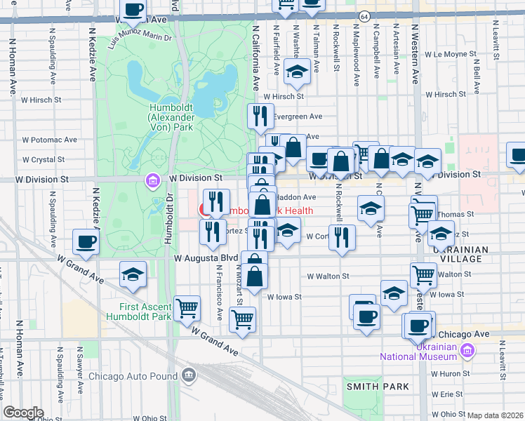 map of restaurants, bars, coffee shops, grocery stores, and more near 2741 West Thomas Street in Chicago