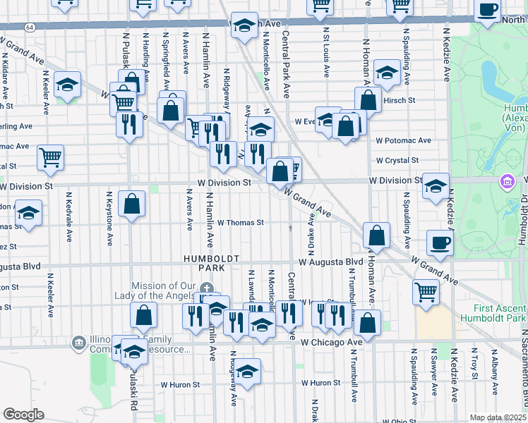 map of restaurants, bars, coffee shops, grocery stores, and more near 3656 West Thomas Street in Chicago