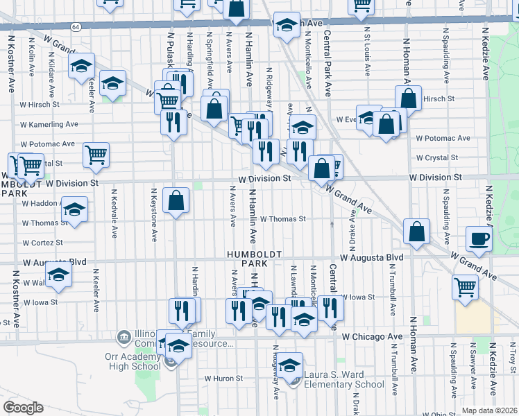 map of restaurants, bars, coffee shops, grocery stores, and more near 1100 North Hamlin Avenue in Chicago