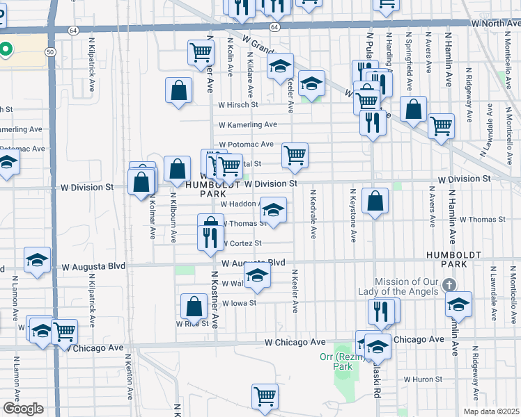 map of restaurants, bars, coffee shops, grocery stores, and more near 1105 North Kildare Avenue in Chicago