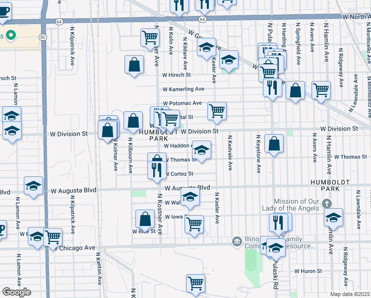 map of restaurants, bars, coffee shops, grocery stores, and more near 1105 North Kildare Avenue in Chicago