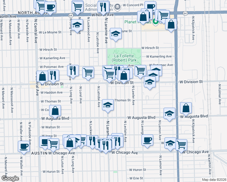 map of restaurants, bars, coffee shops, grocery stores, and more near 1121 North Leamington Avenue in Chicago