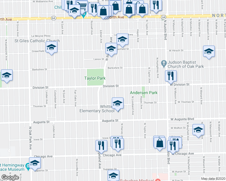 map of restaurants, bars, coffee shops, grocery stores, and more near 829 North Harvey Avenue in Oak Park