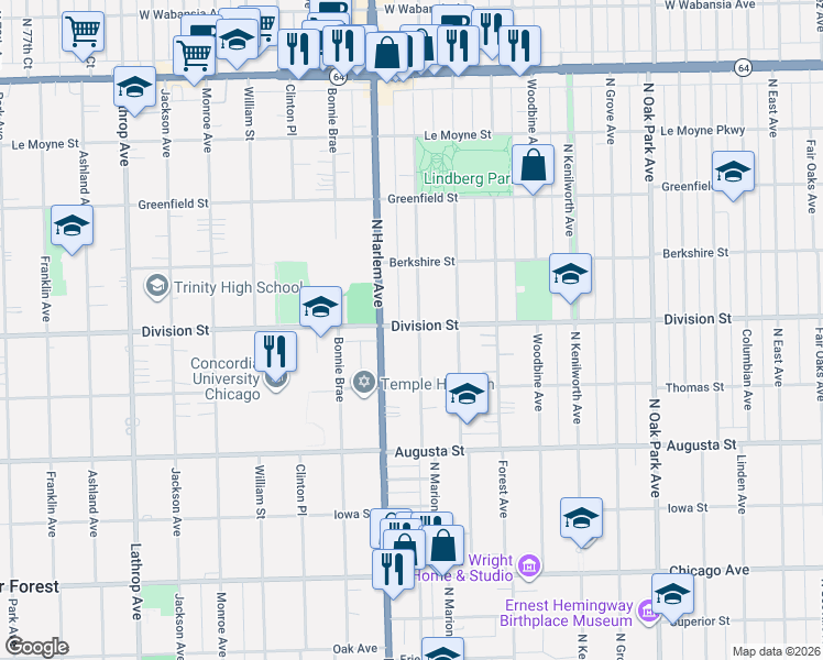 map of restaurants, bars, coffee shops, grocery stores, and more near 835 North Marion Street in Oak Park