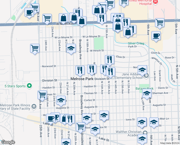 map of restaurants, bars, coffee shops, grocery stores, and more near 1510 North 17th Avenue in Melrose Park