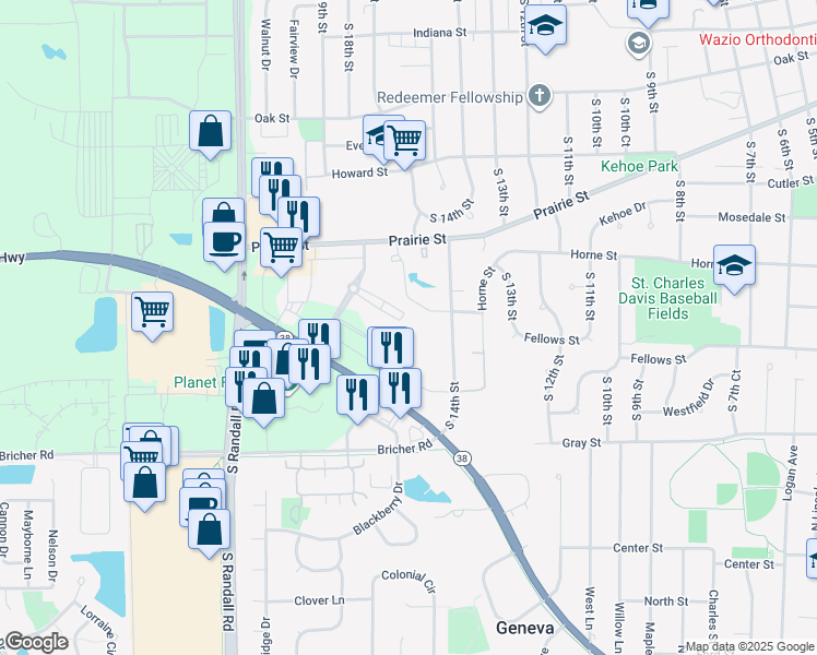 map of restaurants, bars, coffee shops, grocery stores, and more near 1950 Vanderbilt Drive in St. Charles
