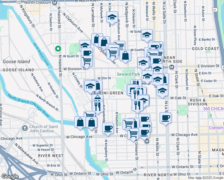 map of restaurants, bars, coffee shops, grocery stores, and more near 1017 North Cleveland Avenue in Chicago