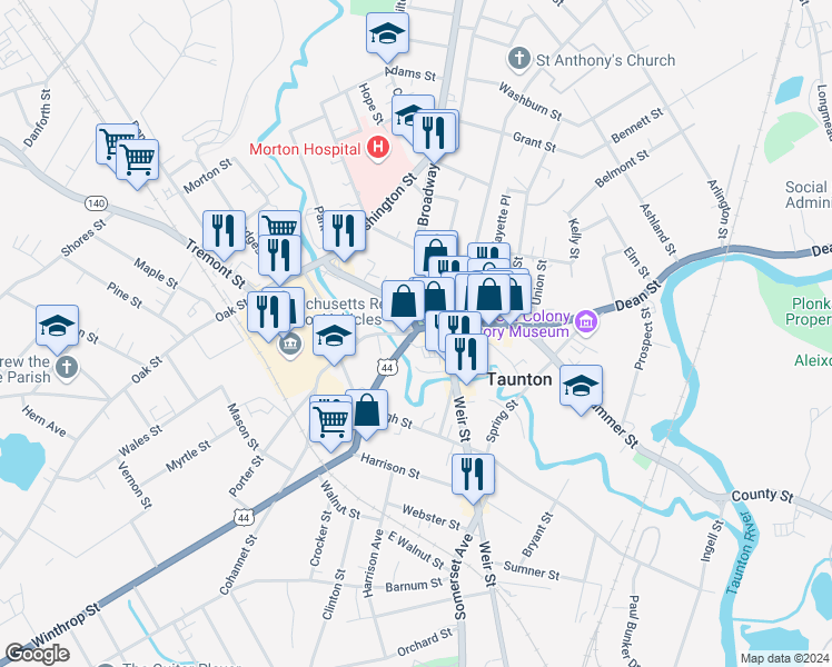 map of restaurants, bars, coffee shops, grocery stores, and more near 39 Taunton Green in Taunton