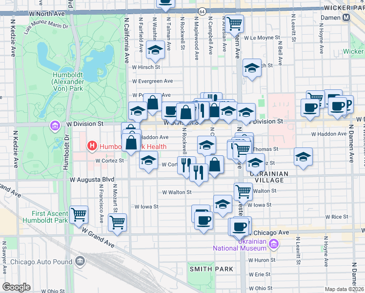 map of restaurants, bars, coffee shops, grocery stores, and more near 2551 West Thomas Street in Chicago