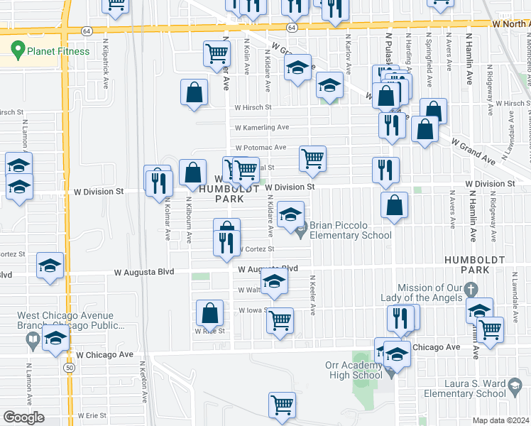 map of restaurants, bars, coffee shops, grocery stores, and more near 4305 West Haddon Avenue in Chicago