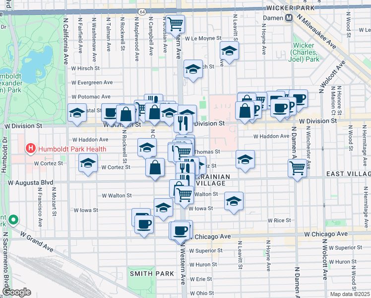 map of restaurants, bars, coffee shops, grocery stores, and more near 1061 North Western Avenue in Chicago