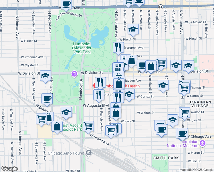 map of restaurants, bars, coffee shops, grocery stores, and more near 1057 North Francisco Avenue in Chicago