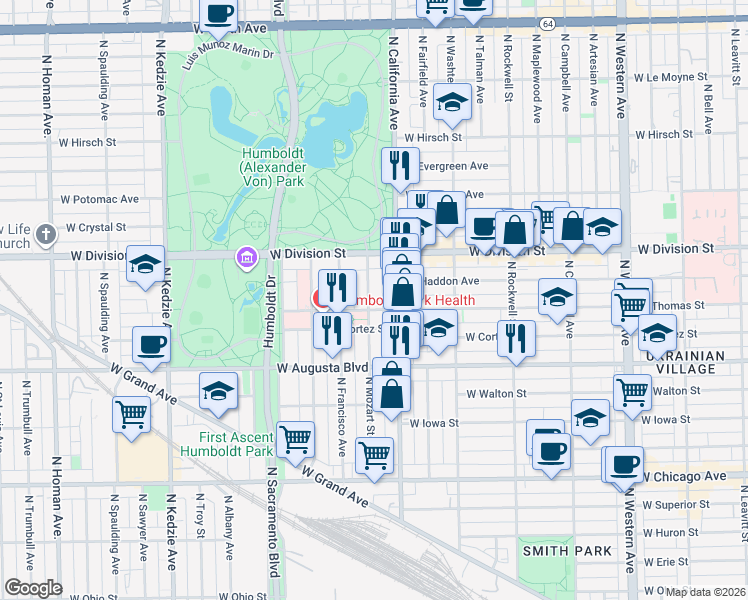 map of restaurants, bars, coffee shops, grocery stores, and more near 1109 North Mozart Street in Chicago