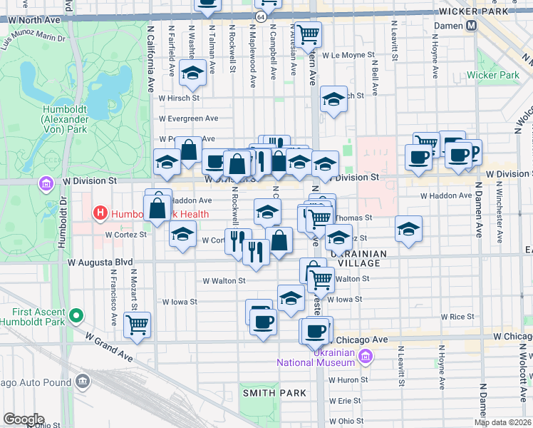 map of restaurants, bars, coffee shops, grocery stores, and more near 2512 West Thomas Street in Chicago