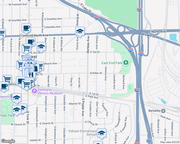 map of restaurants, bars, coffee shops, grocery stores, and more near 175 Berteau Avenue in Elmhurst