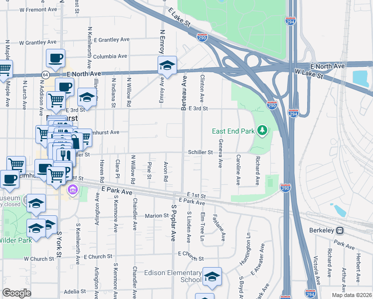 map of restaurants, bars, coffee shops, grocery stores, and more near 175 Berteau Avenue in Elmhurst