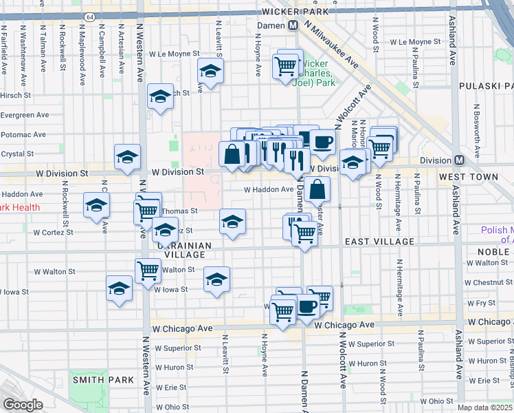 map of restaurants, bars, coffee shops, grocery stores, and more near 1051 North Hoyne Avenue in Chicago