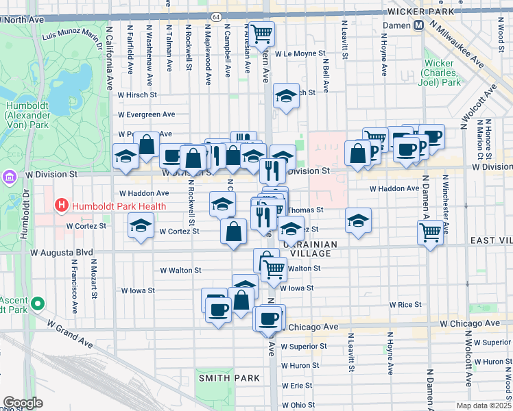 map of restaurants, bars, coffee shops, grocery stores, and more near 2437 West Thomas Street in Chicago