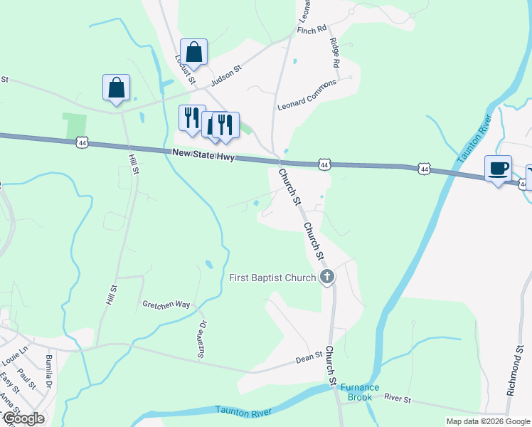 map of restaurants, bars, coffee shops, grocery stores, and more near 678 Church Street in Raynham