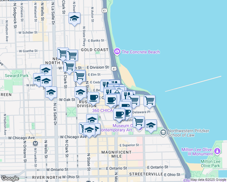 map of restaurants, bars, coffee shops, grocery stores, and more near 1000 North Lake Shore Drive in Chicago
