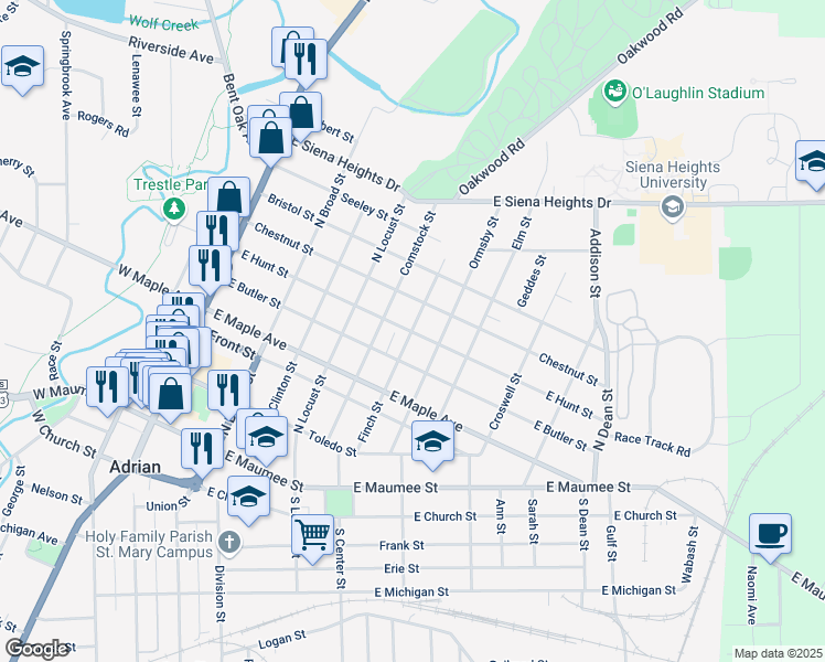 map of restaurants, bars, coffee shops, grocery stores, and more near 600 Finch Street in Adrian