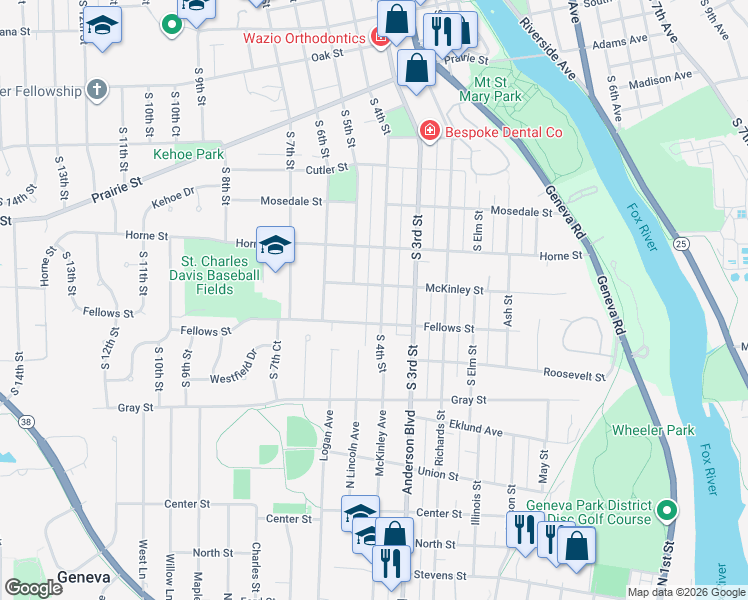 map of restaurants, bars, coffee shops, grocery stores, and more near 416 Fellows Street in St. Charles