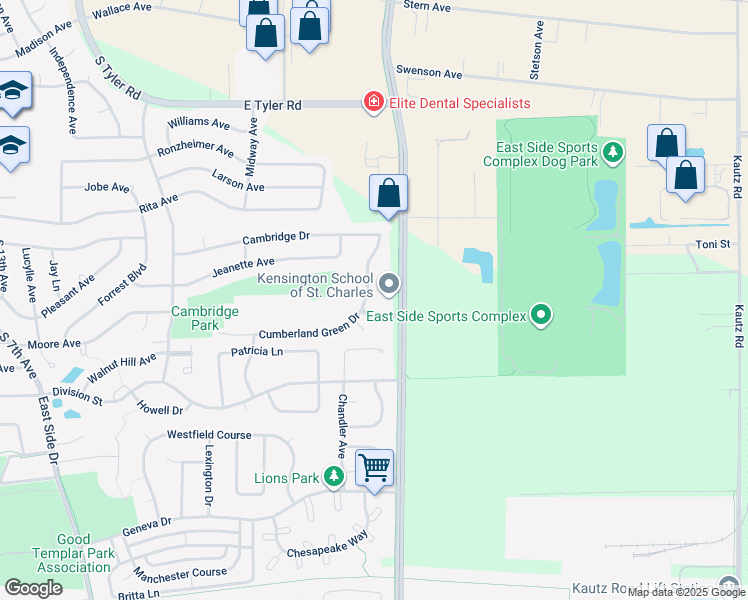 map of restaurants, bars, coffee shops, grocery stores, and more near 1781 Cumberland Green Drive in St. Charles