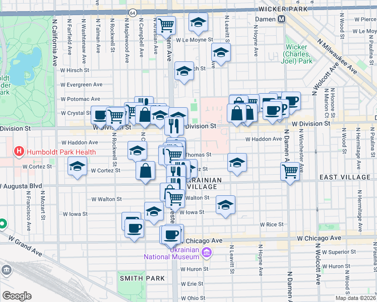 map of restaurants, bars, coffee shops, grocery stores, and more near 2323 West Thomas Street in Chicago