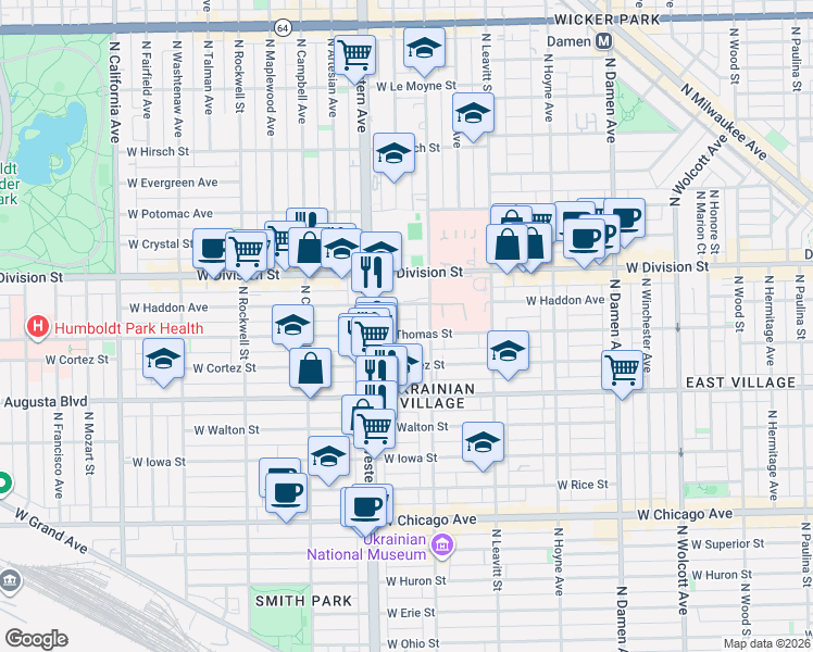 map of restaurants, bars, coffee shops, grocery stores, and more near 2322 West Thomas Street in Chicago