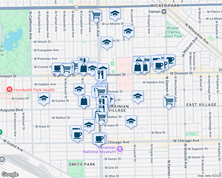 map of restaurants, bars, coffee shops, grocery stores, and more near 2323 West Thomas Street in Chicago
