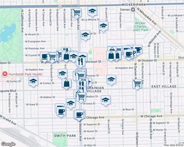 map of restaurants, bars, coffee shops, grocery stores, and more near 1104 North Oakley Boulevard in Chicago