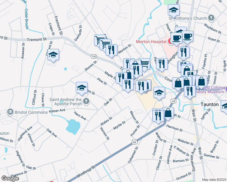 map of restaurants, bars, coffee shops, grocery stores, and more near 41 Oak Street in Taunton