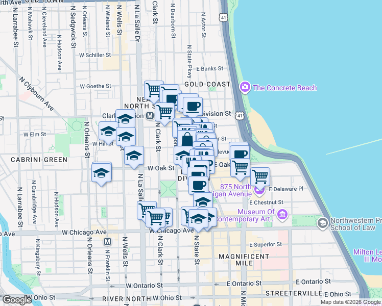map of restaurants, bars, coffee shops, grocery stores, and more near 1030 North State Street in Chicago