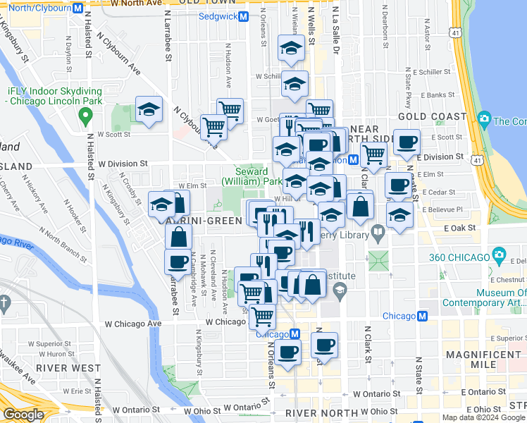 map of restaurants, bars, coffee shops, grocery stores, and more near 1000 North Orleans Street in Chicago