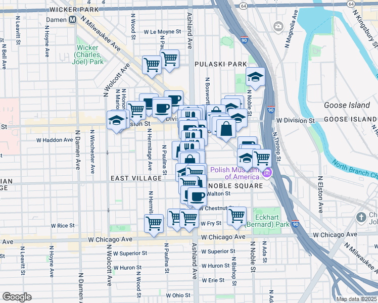 map of restaurants, bars, coffee shops, grocery stores, and more near 1038 North Ashland Avenue in Chicago