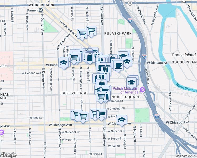 map of restaurants, bars, coffee shops, grocery stores, and more near 1040 North Marshfield Avenue in Chicago