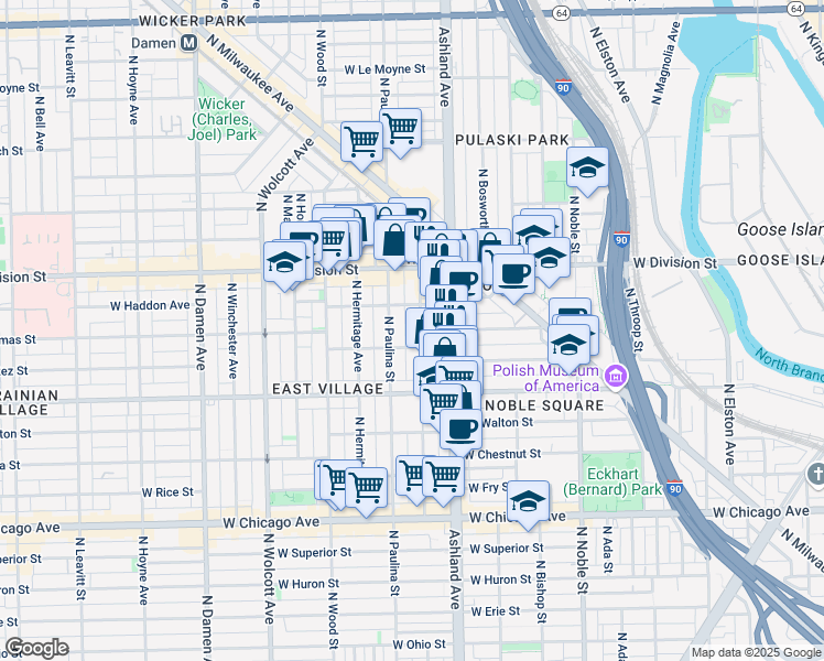 map of restaurants, bars, coffee shops, grocery stores, and more near 1040 North Marshfield Avenue in Chicago