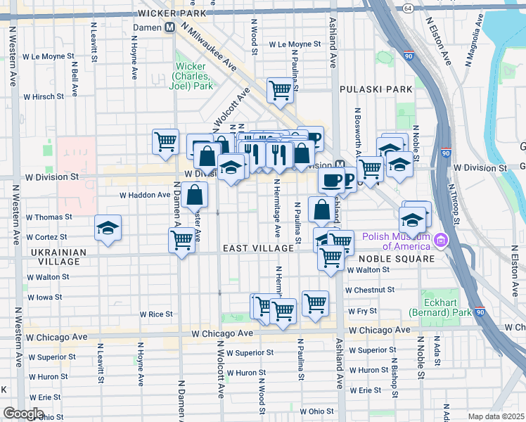 map of restaurants, bars, coffee shops, grocery stores, and more near 1049 North Wood Street in Chicago