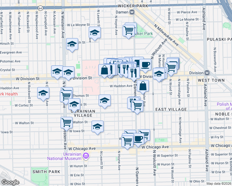 map of restaurants, bars, coffee shops, grocery stores, and more near 1051 North Hoyne Avenue in Chicago
