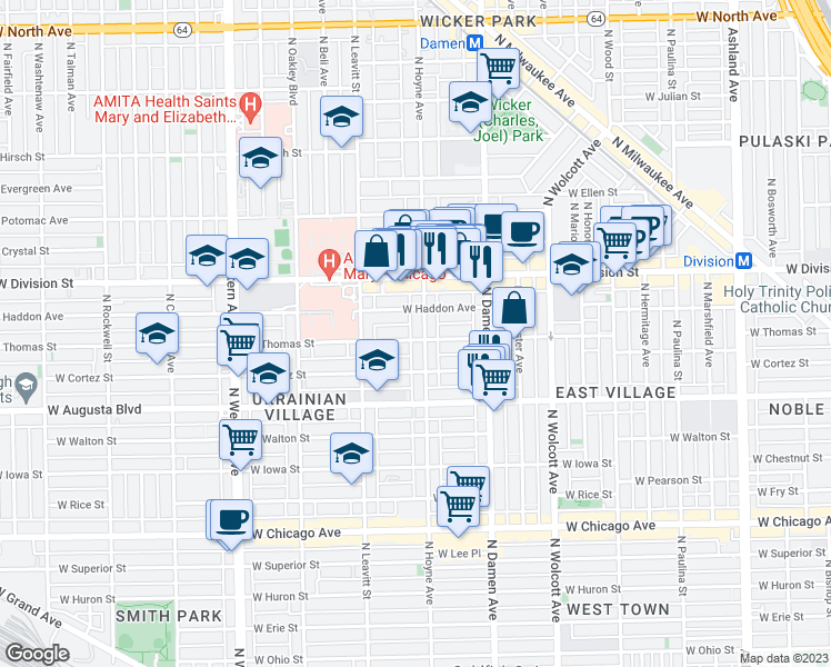 map of restaurants, bars, coffee shops, grocery stores, and more near 1051 North Hoyne Avenue in Chicago