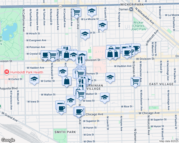 map of restaurants, bars, coffee shops, grocery stores, and more near 2323 West Thomas Street in Chicago