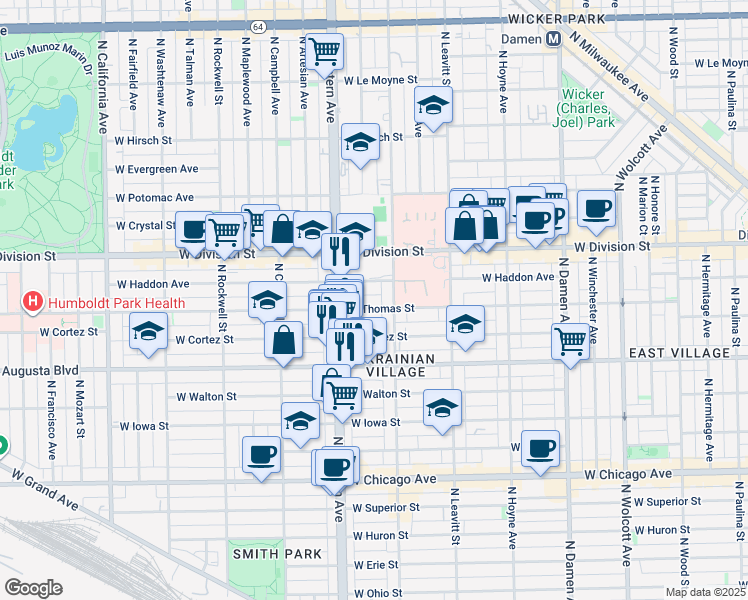 map of restaurants, bars, coffee shops, grocery stores, and more near 2323 West Thomas Street in Chicago